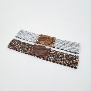 Beaded Wooden Belt Brown White Wide Thick Neutral Natural Earthy